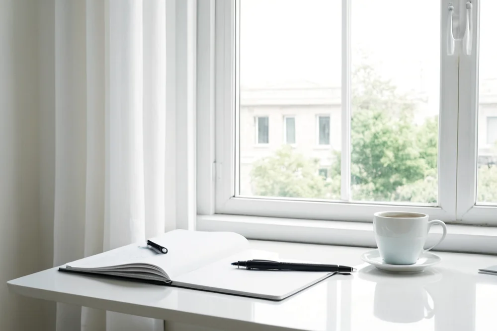 A tidy study desk with a laptop and notebook by a window