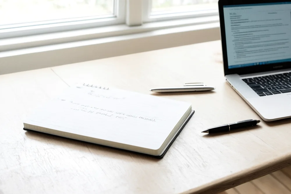 A laptop showing a draft document on a bright desk