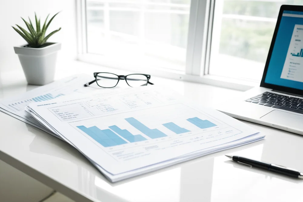 A printed business report with charts on a desk